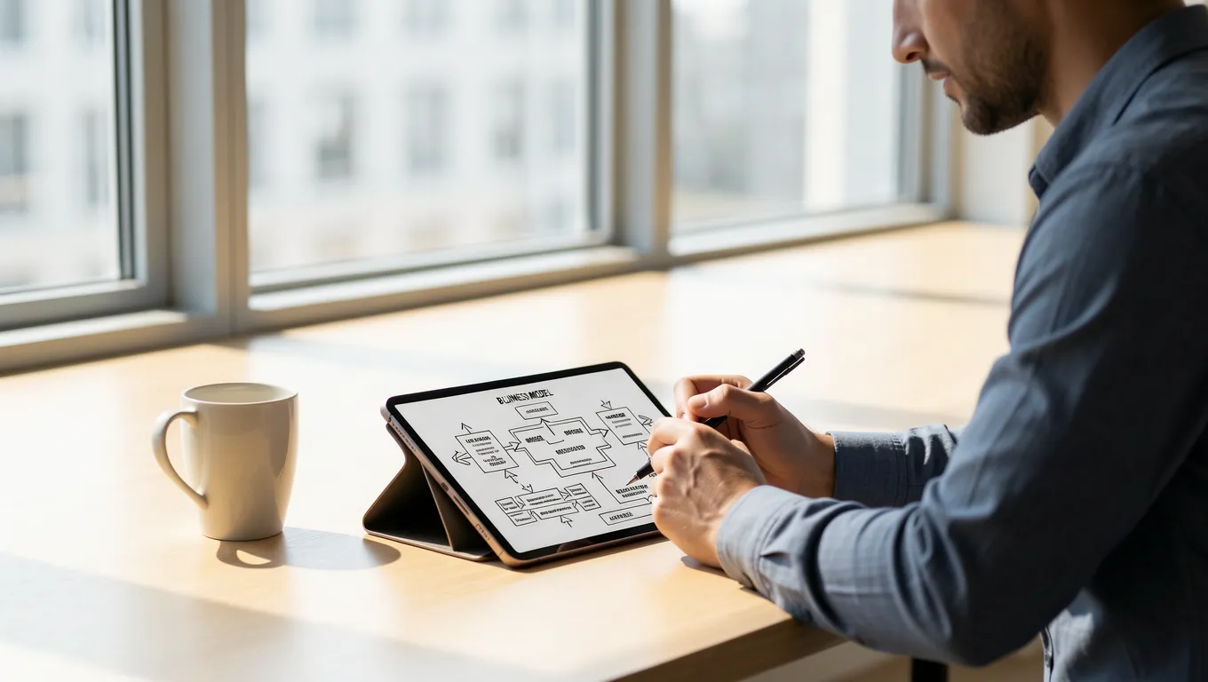 Professional sketching a business plan on a digital tablet