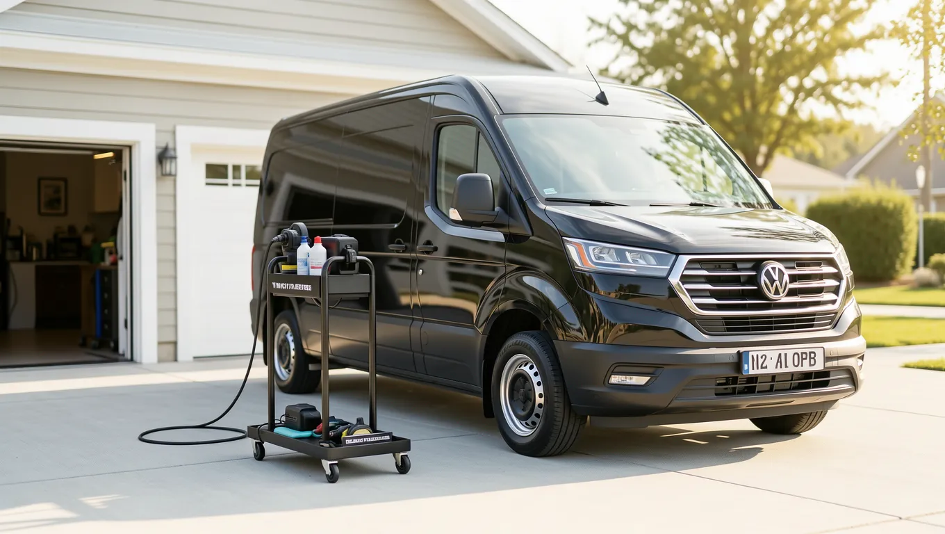 Mobile detailing van with professional cleaning equipment