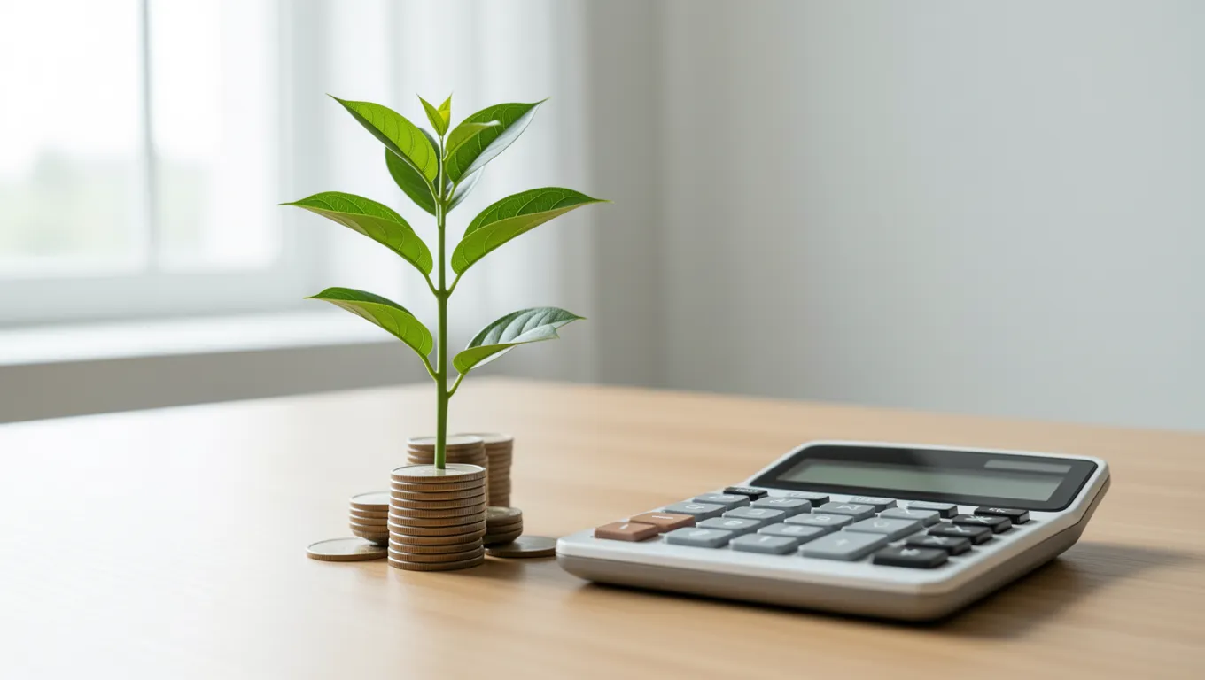 A small plant growing beside a pile of coins and a calculator