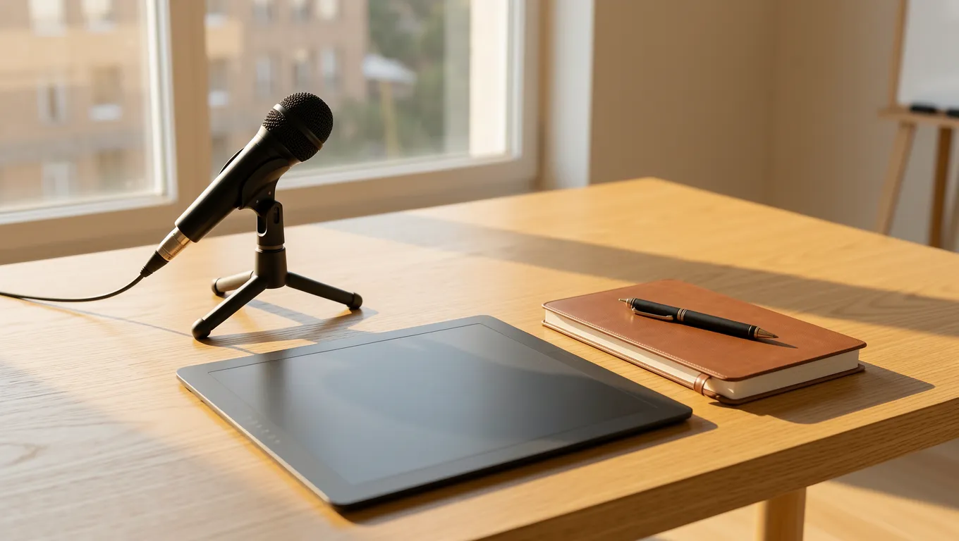 Professional remote work equipment arranged neatly on a wooden desk