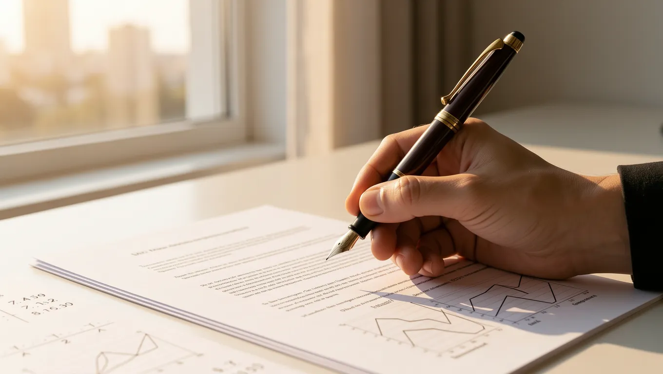 Hand signing a financial contract with charts in background