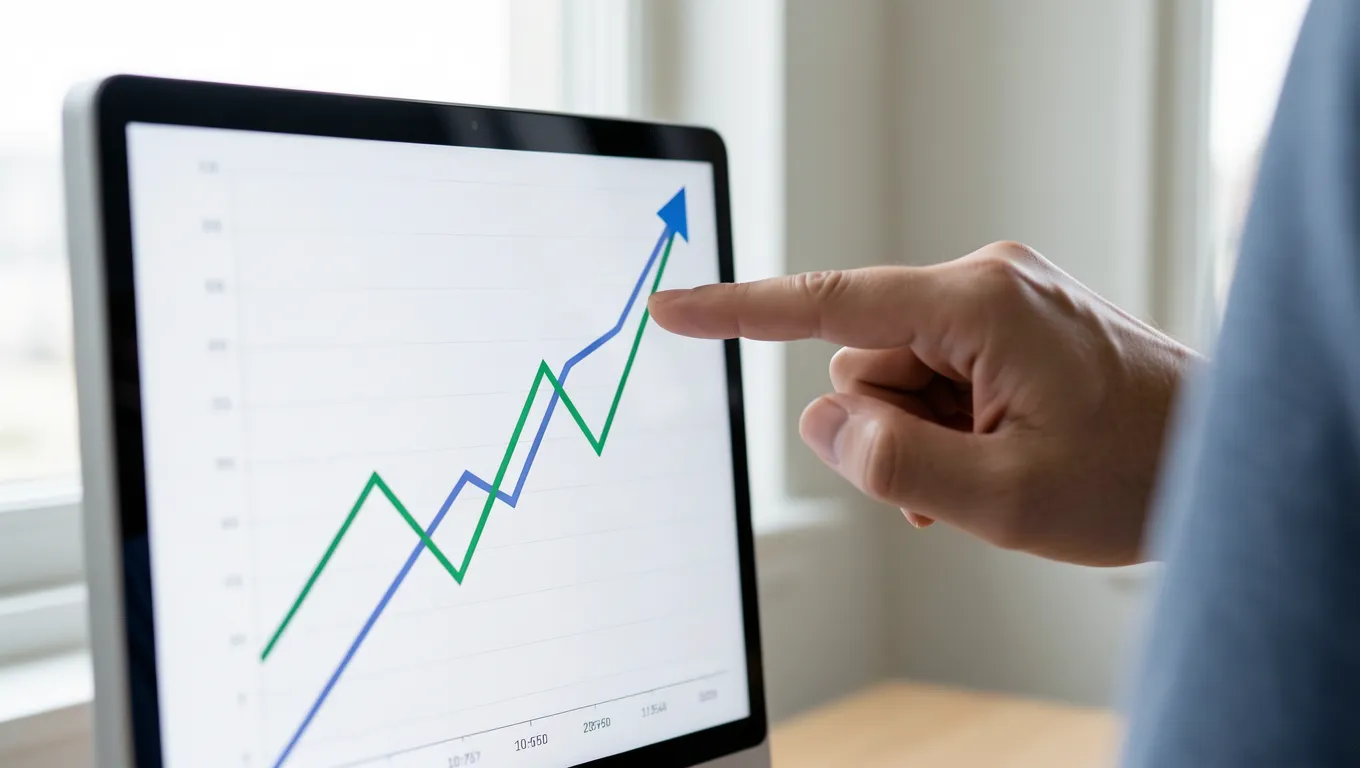 Hand pointing to a growing market trend on a screen