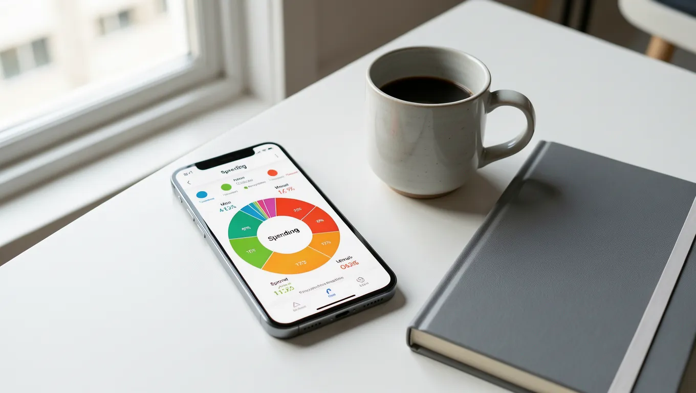 Smartphone showing colorful financial spending pie charts in a bright setting