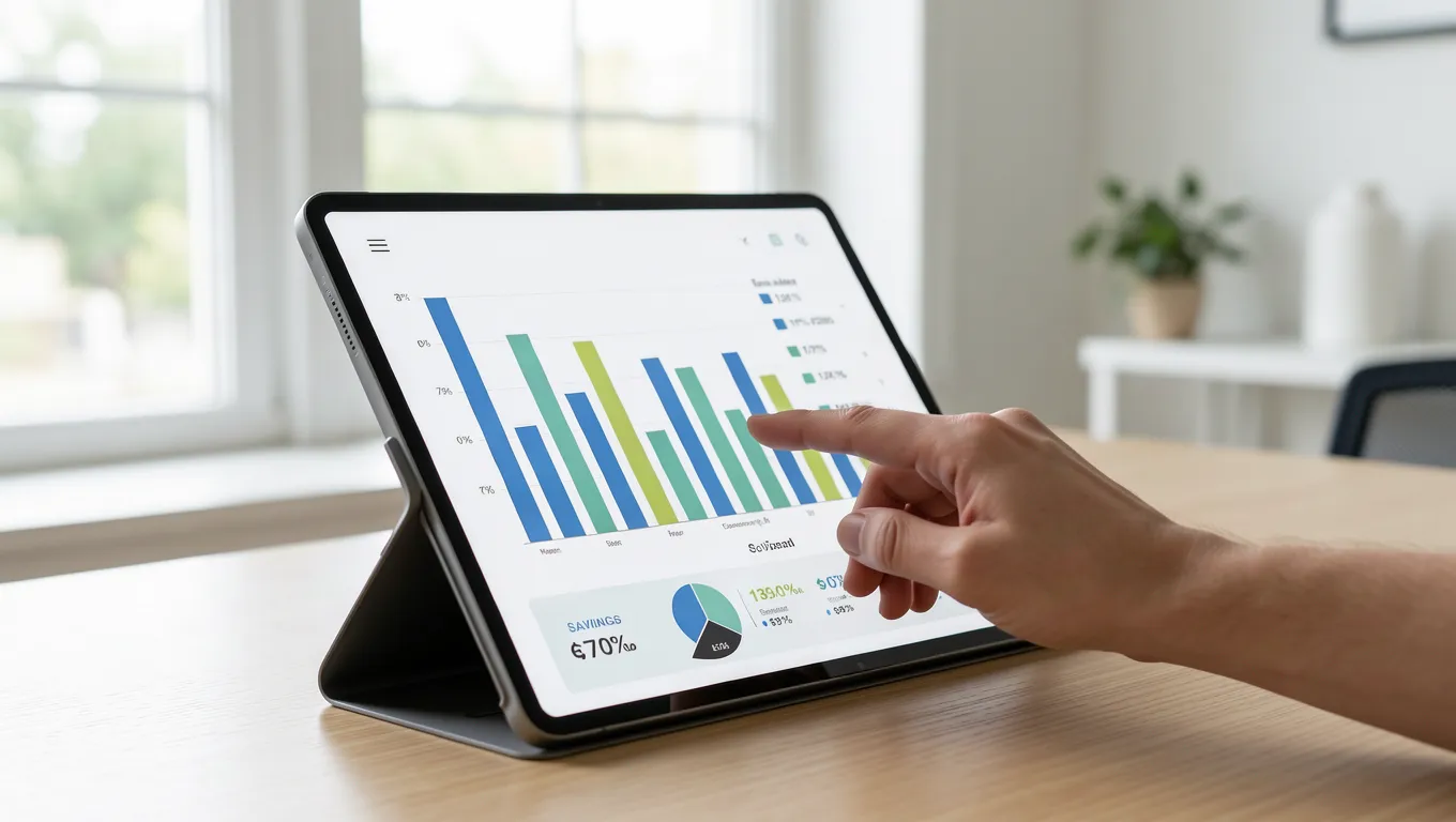 Hands using a digital tablet to track personal budget and savings growth