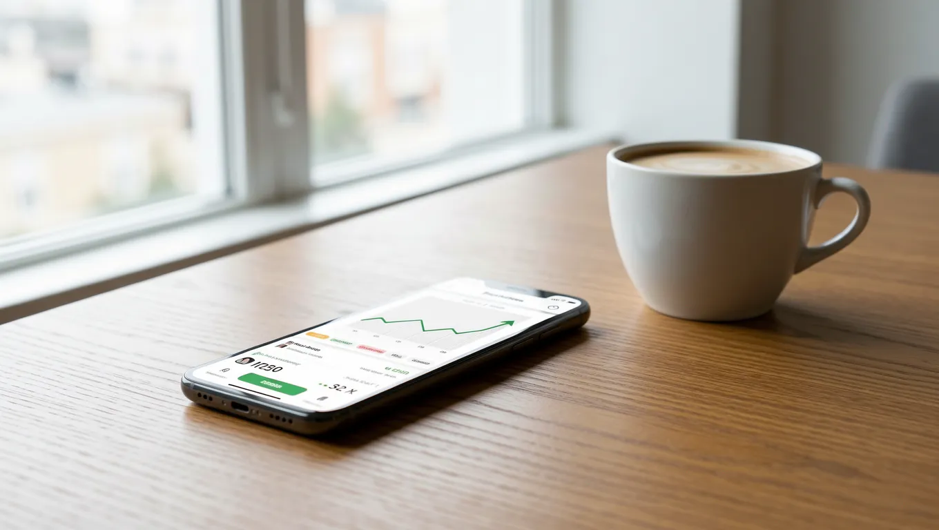 Smartphone displaying a mobile banking application with rising wealth trends