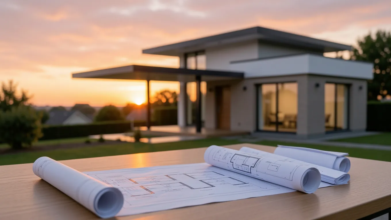 Modern residential architecture at sunset with design blueprints