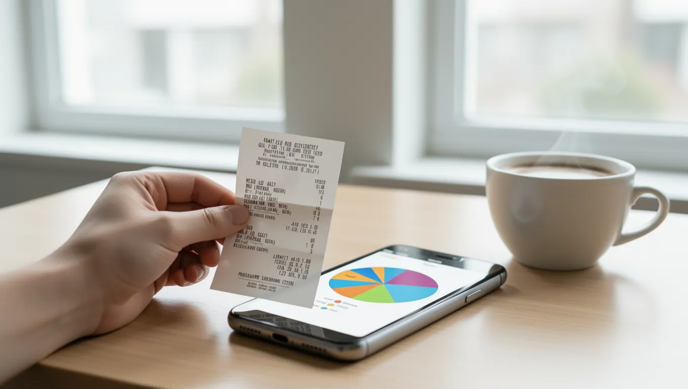 Smartphone showing an expense chart next to a coffee and receipt