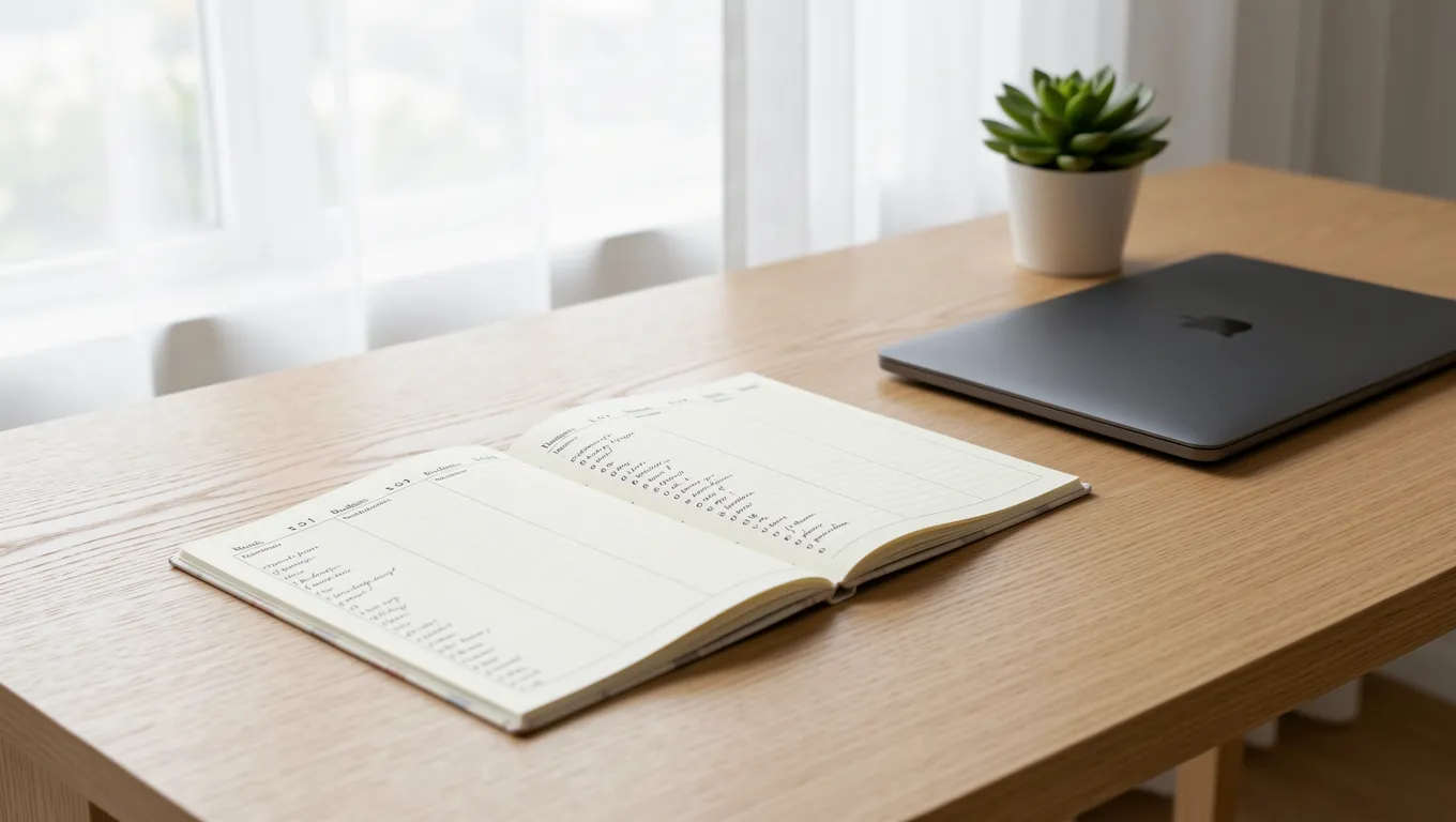 Minimalist workspace with a planner and a laptop for budgeting