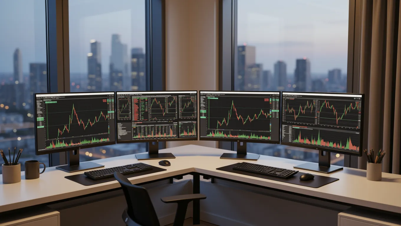 High-end home office setup showing financial growth charts on monitors