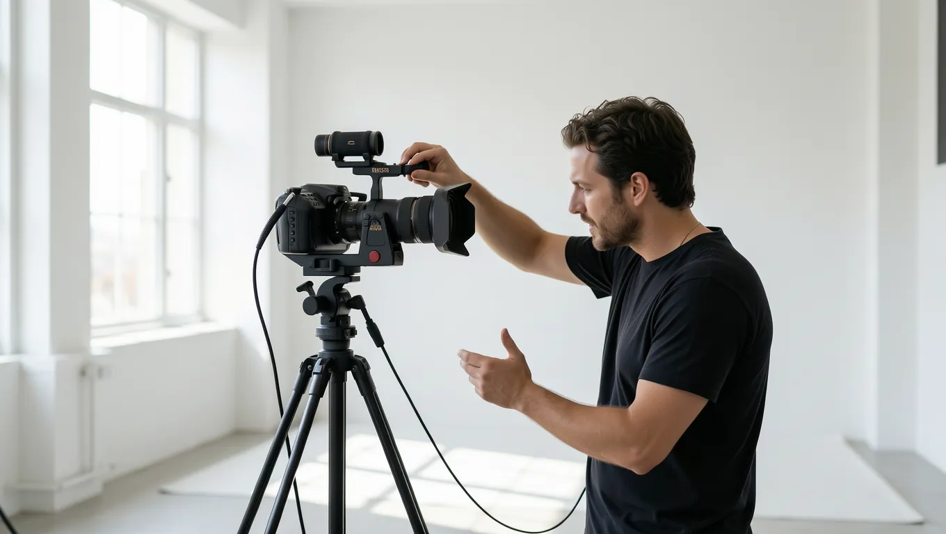 Professional photography equipment being set up in a modern studio