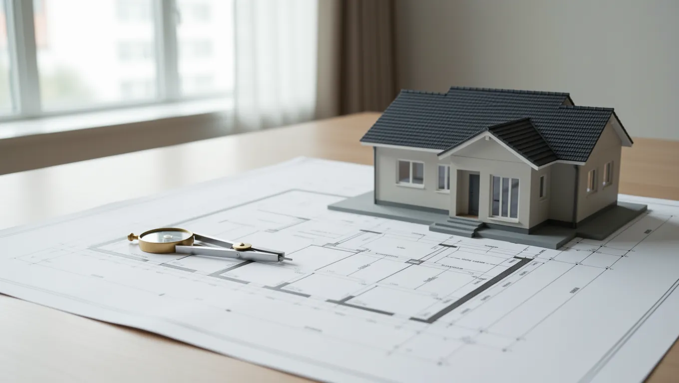 Architectural blueprint with a house model and compass
