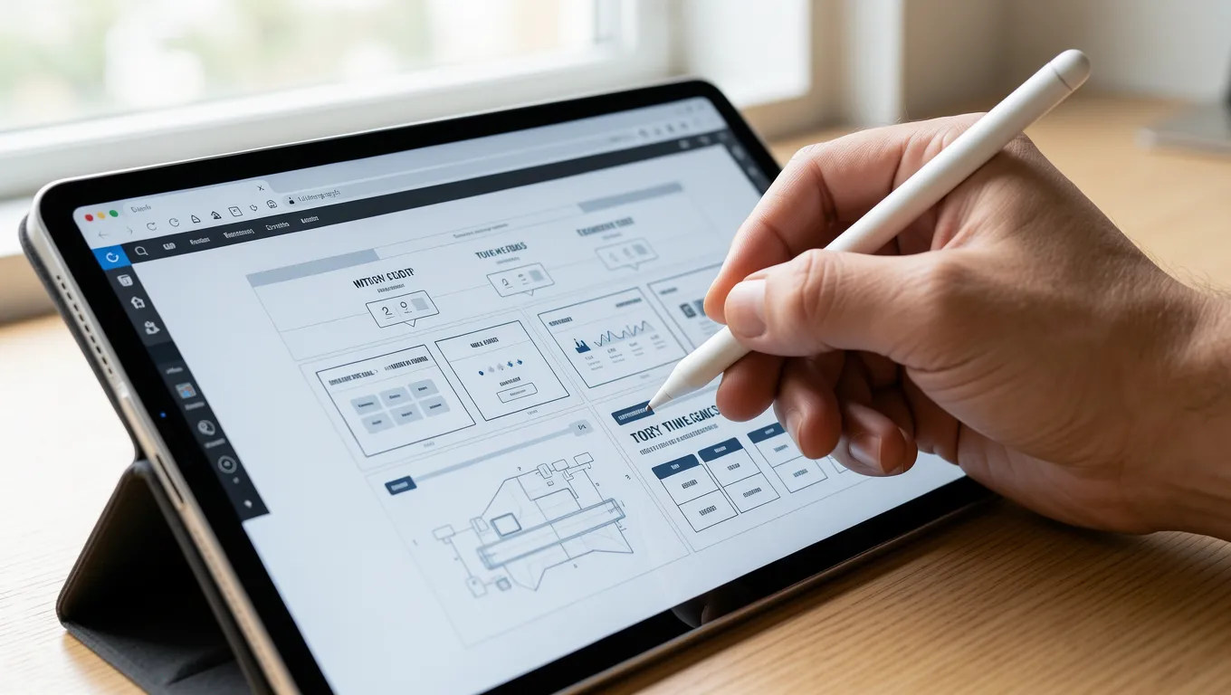 Professional designer adjusting website layout components on a tablet