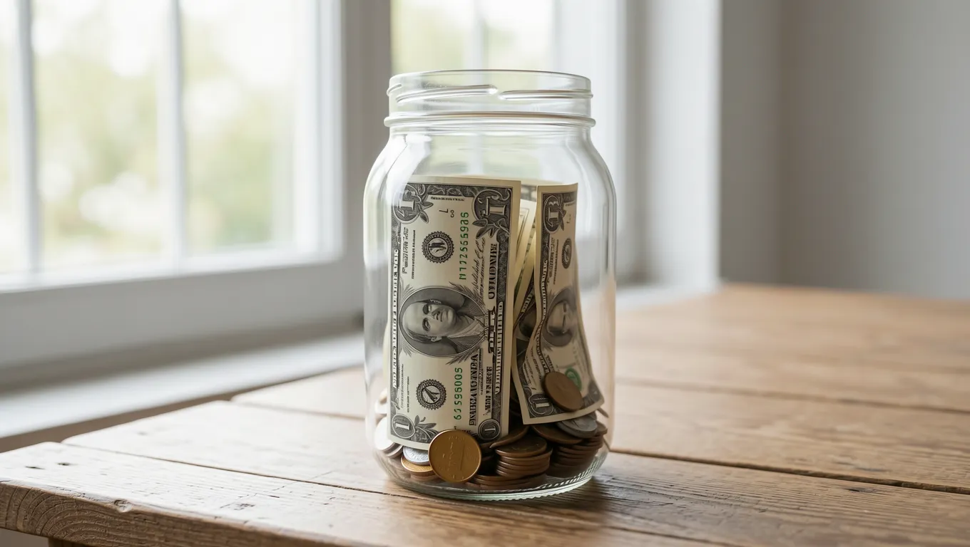 A glass mason jar filled with small change and cash on a table