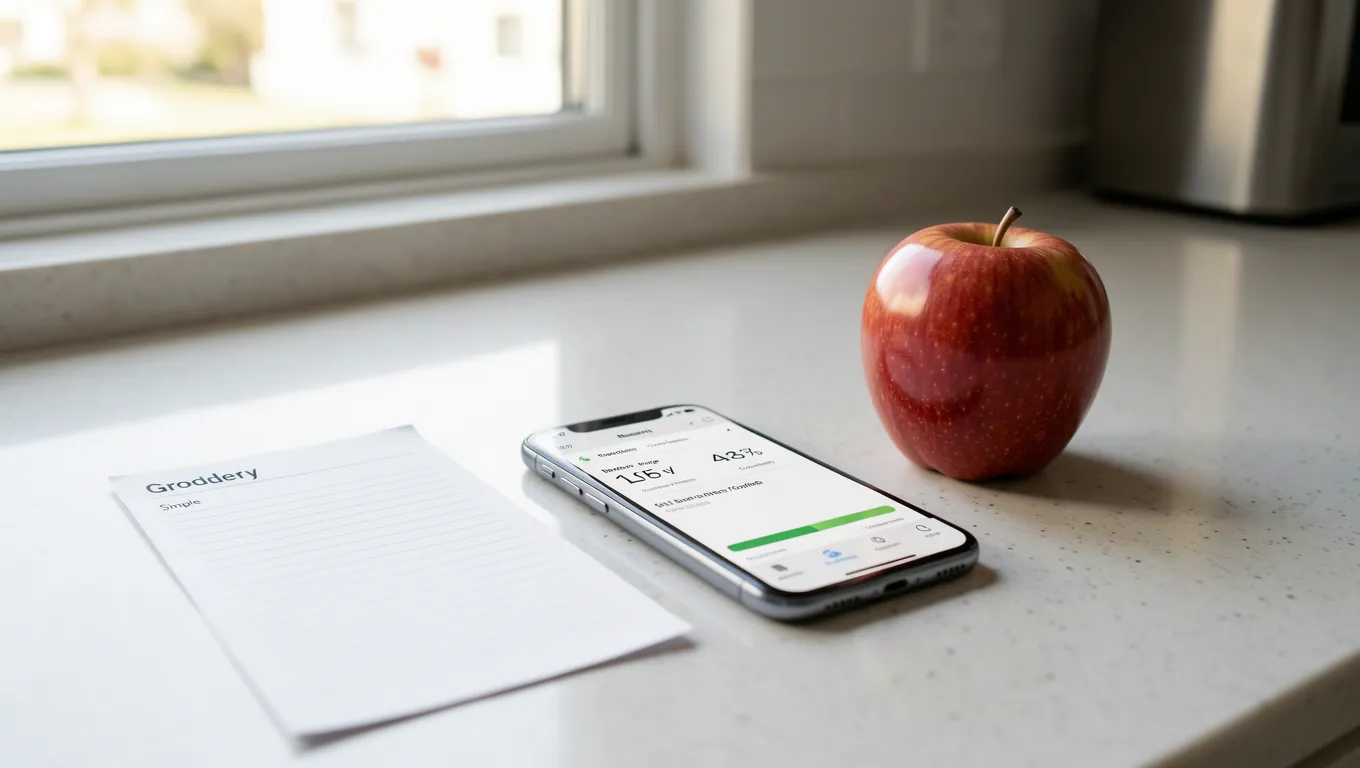 Smartphone displaying a savings growth progress bar on a kitchen counter