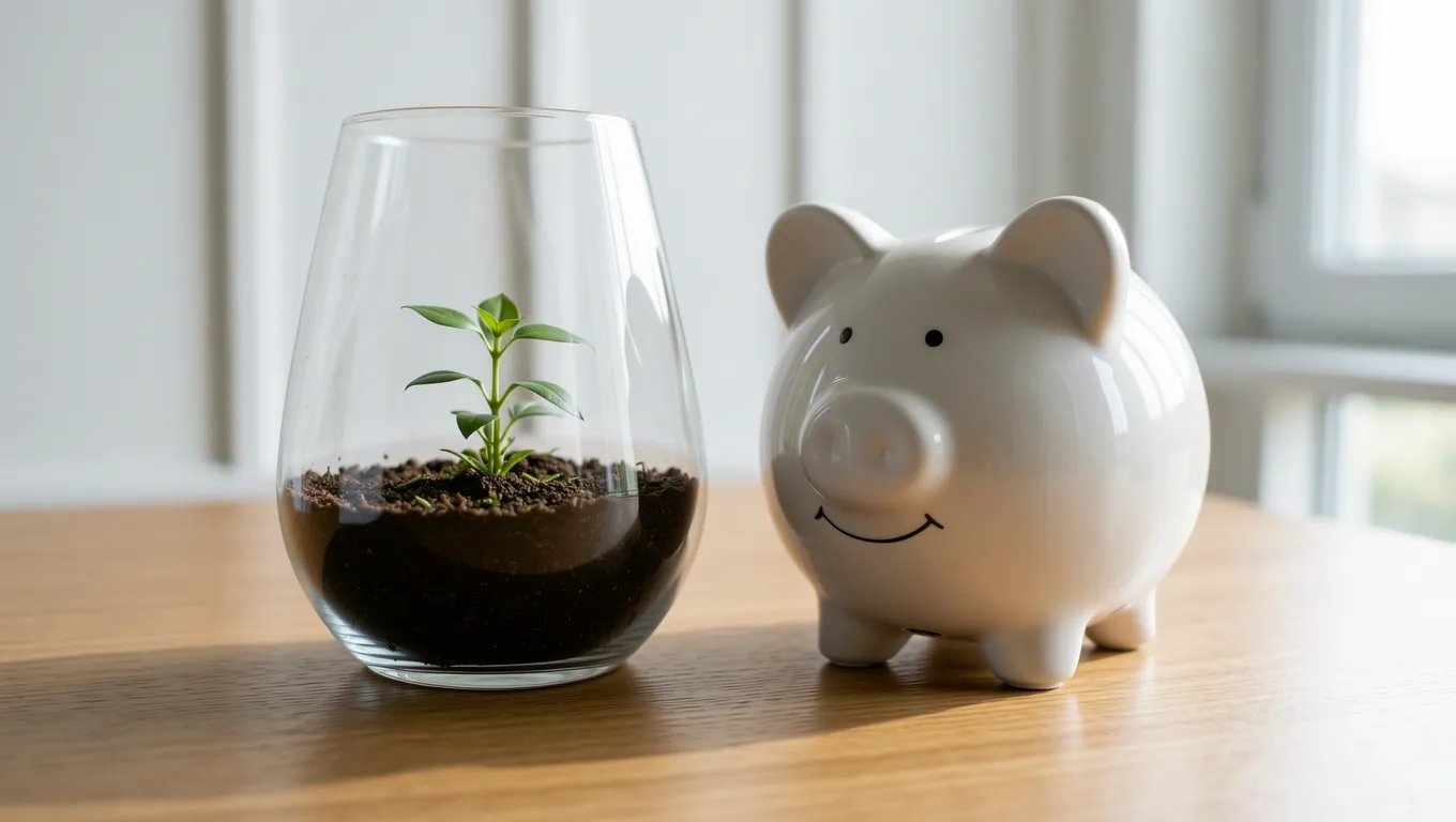 A growing plant next to a piggy bank symbolizing financial growth