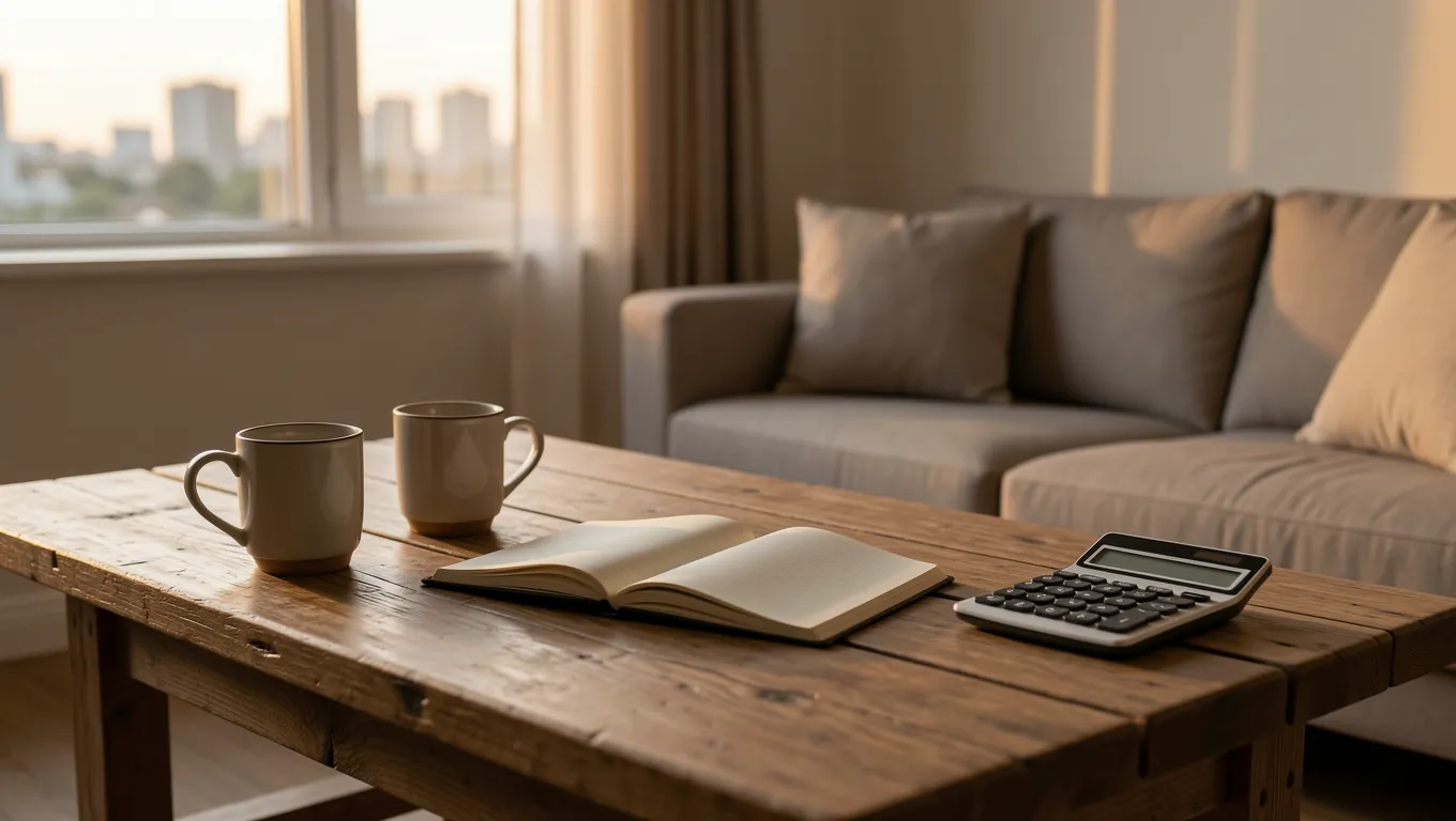 Two coffee mugs and a notebook on a wooden table in a cozy living room