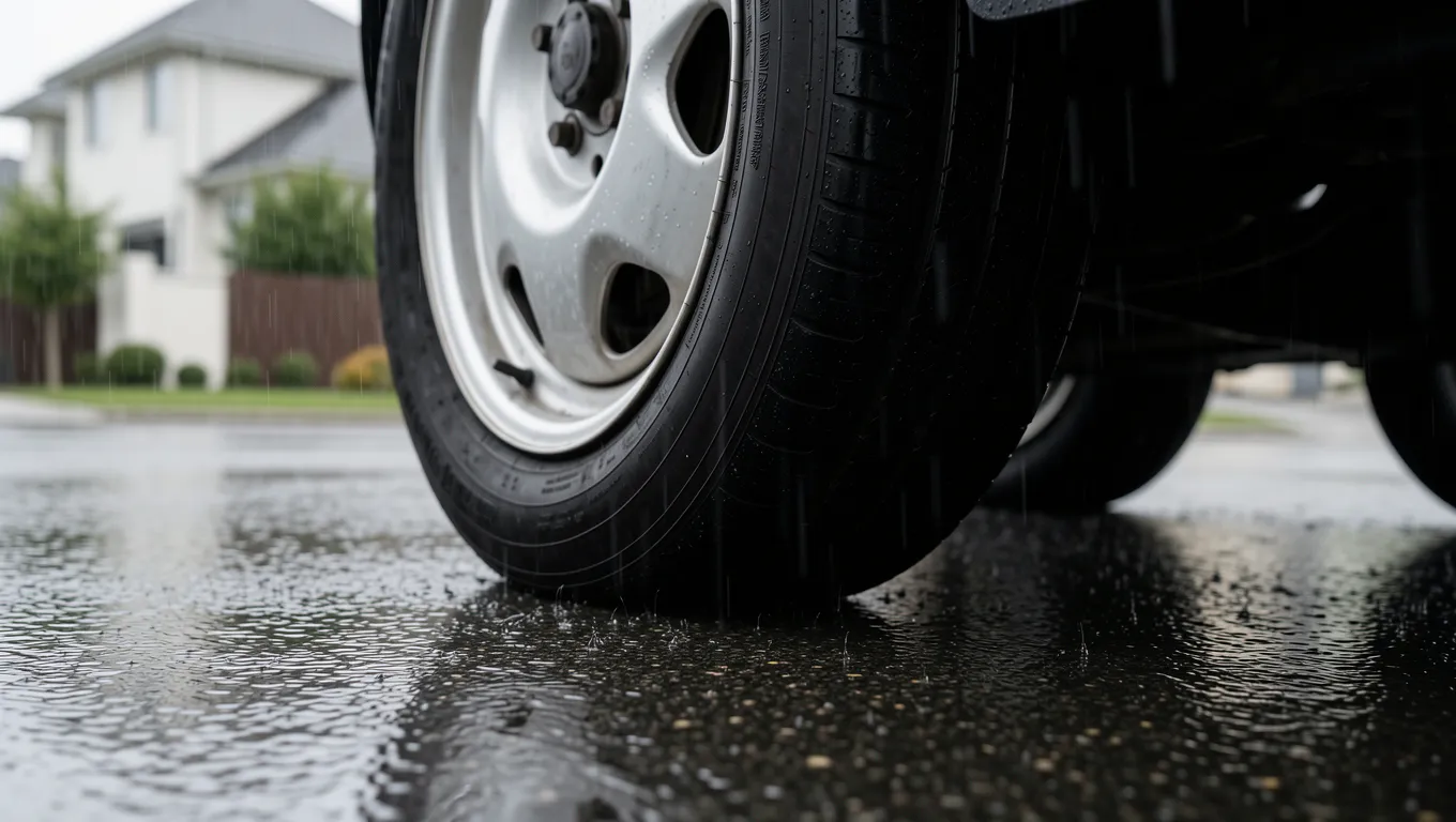 A flat car tire on a rainy street representing an emergency