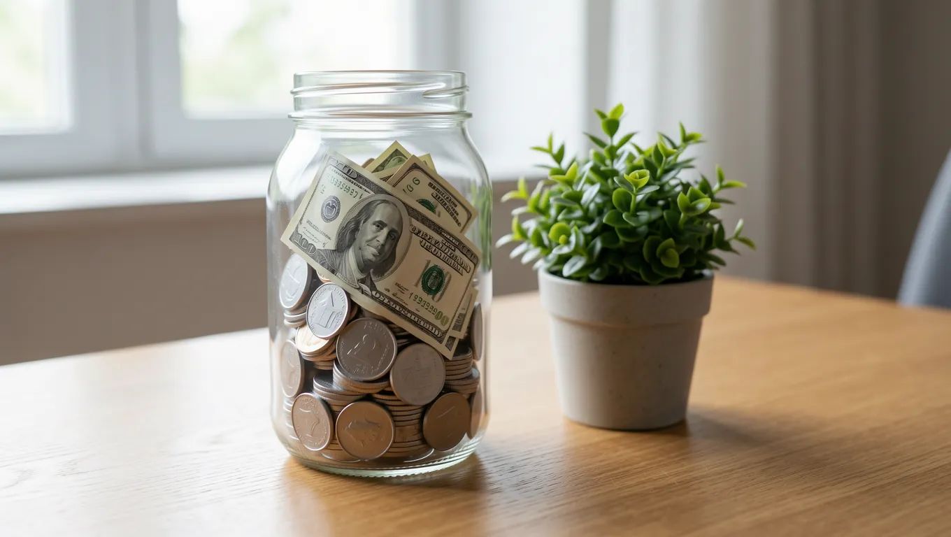 A glass jar of savings next to a growing plant