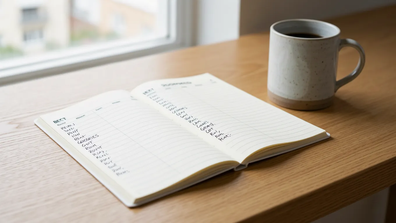 Physical budget planner with coffee cup on a wooden desk