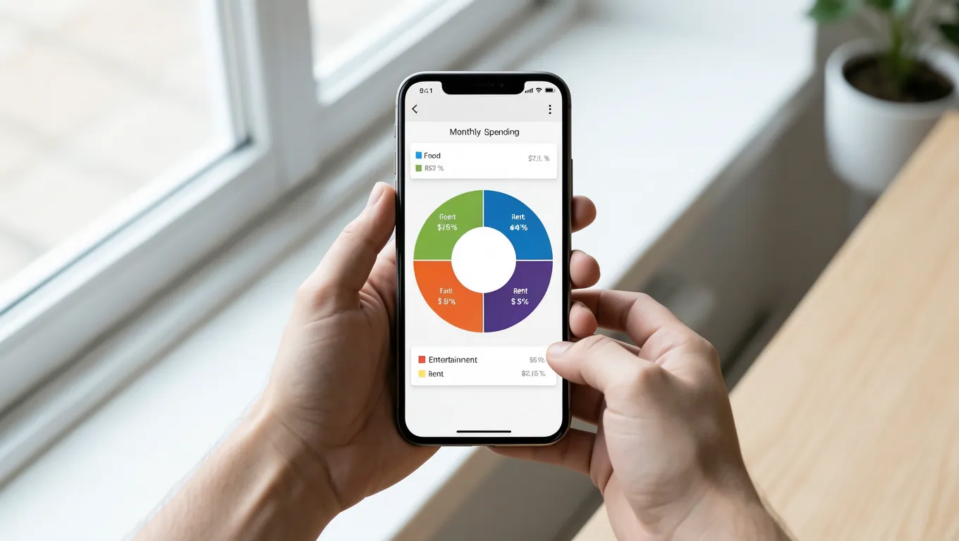 Person using a budgeting app on a smartphone showing charts