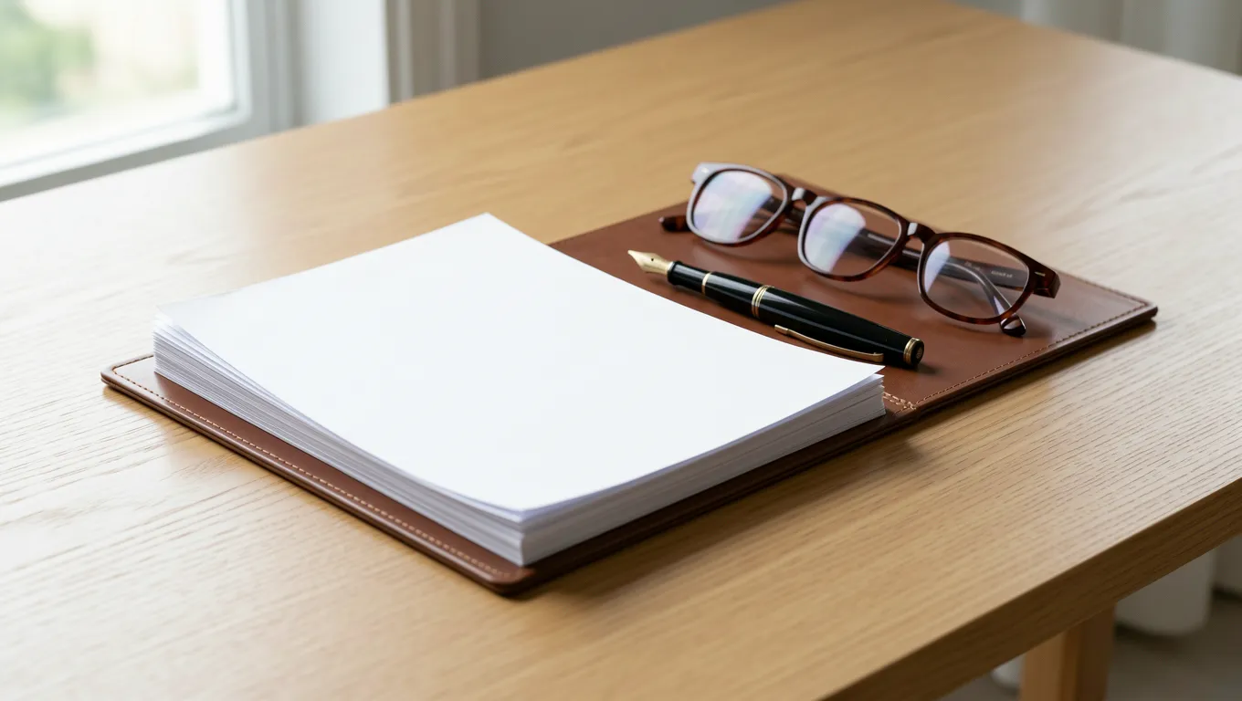 Organized financial documents in a leather folder on a desk