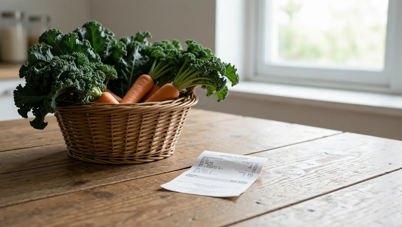 Grocery receipt next to a basket of fresh organic vegetables