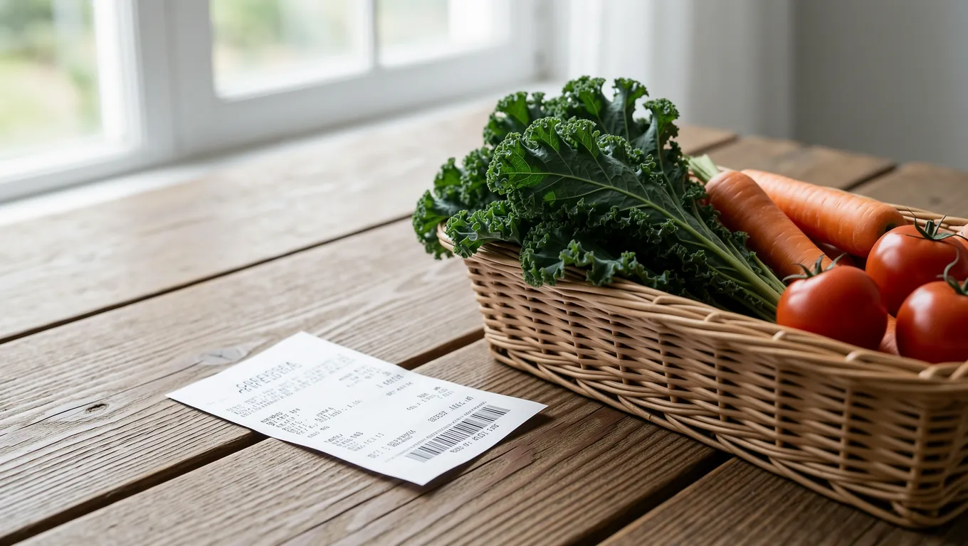 A grocery receipt next to fresh vegetables in a shopping basket