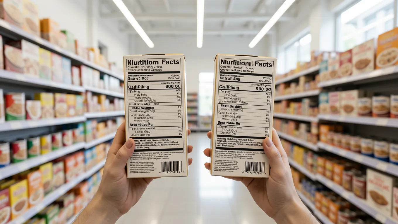 Comparing two different cereal boxes in a grocery store aisle