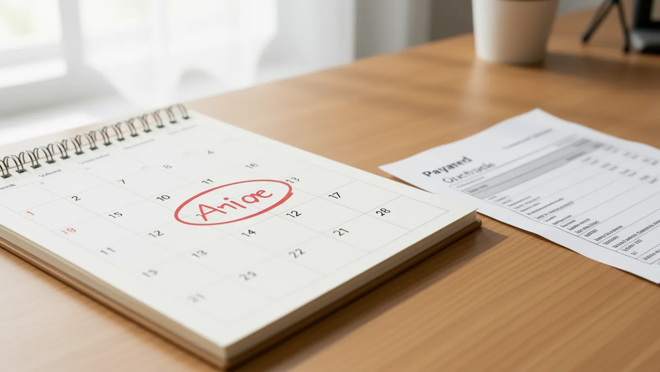 A physical calendar with a date circled in red near an unpaid bill