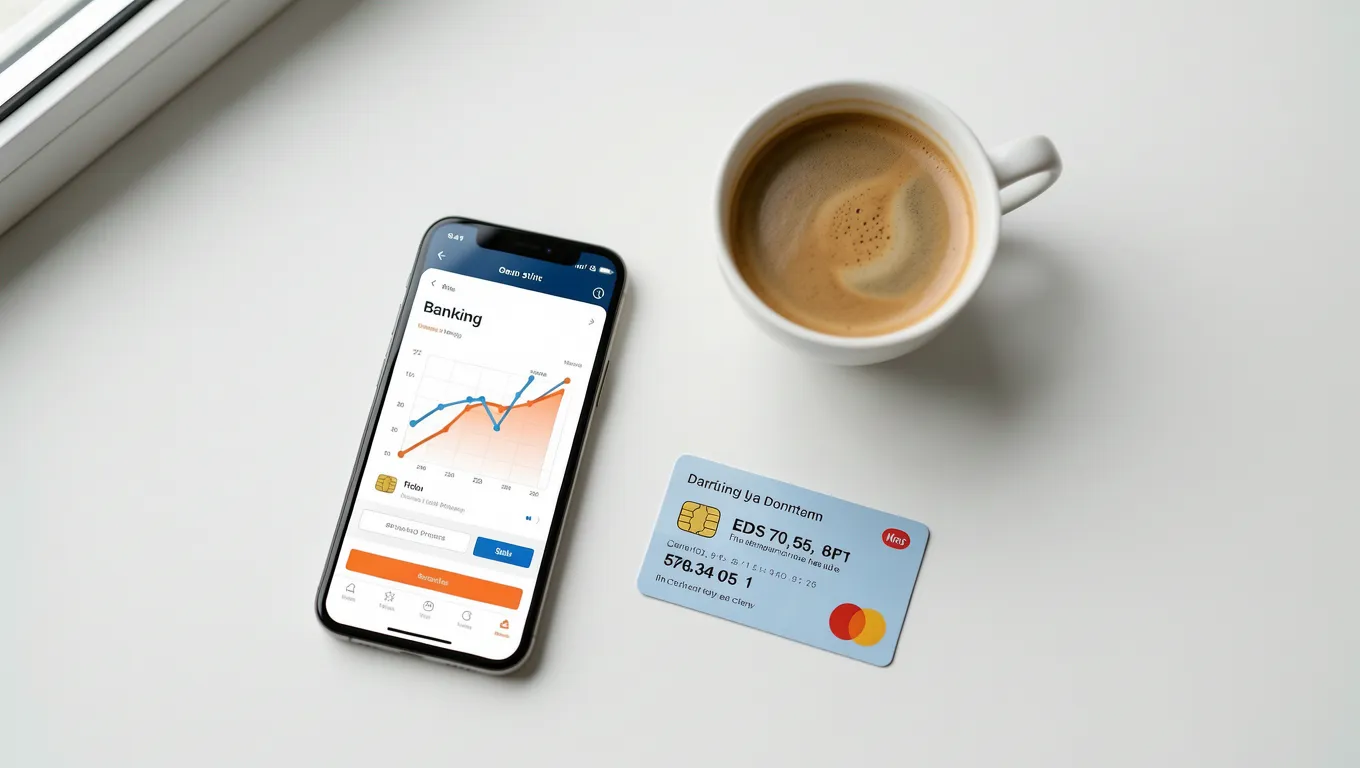 Smartphone showing a rising credit score graph next to a credit card