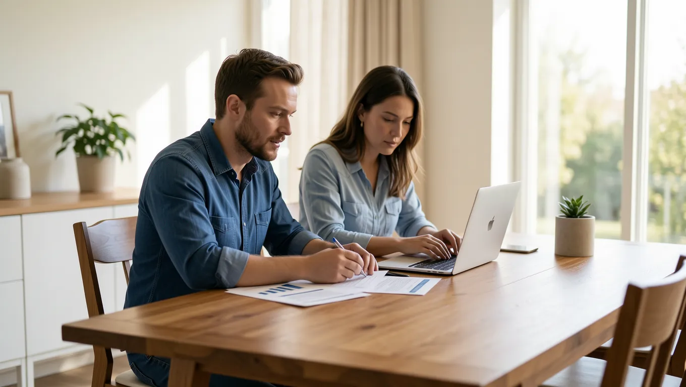 Two people reviewing financial statements at a kitchen table