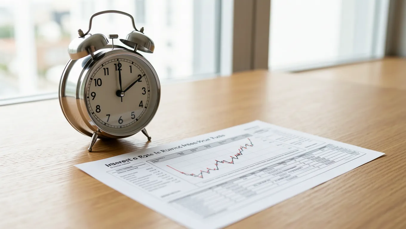 Close-up of financial documents and a clock on a wooden desk