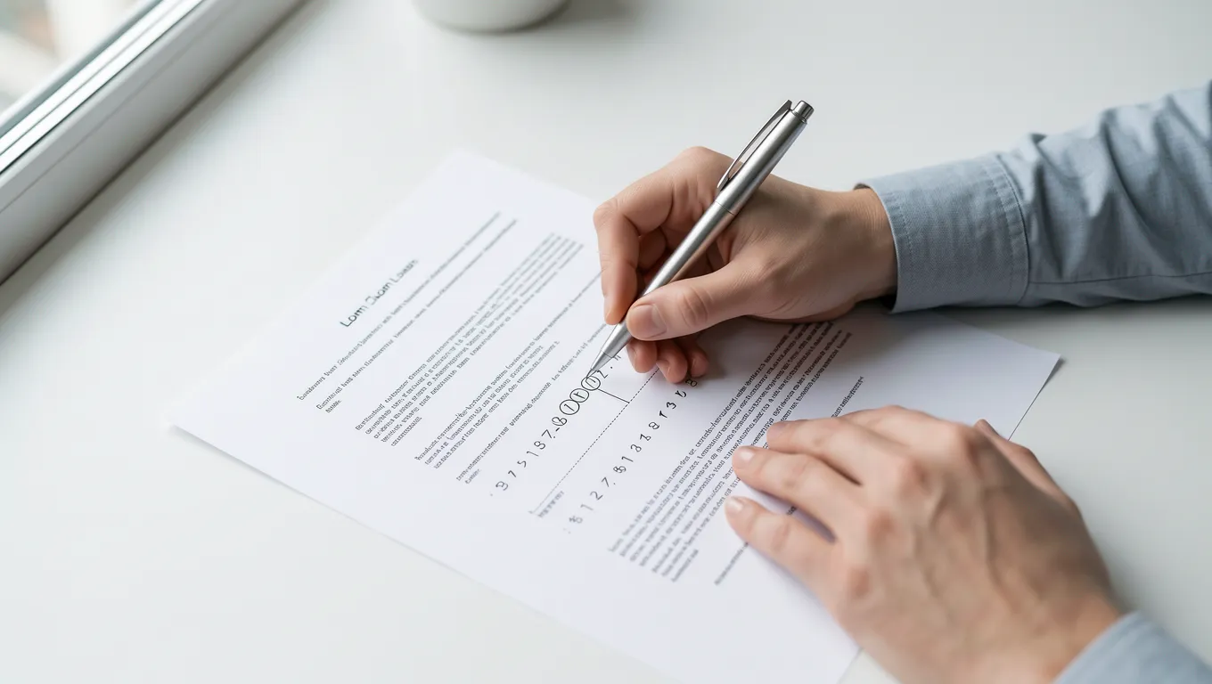 Hands reviewing and marking important details on a loan agreement